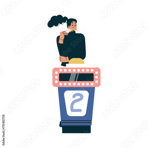 Quiz Game with Young Woman Participant at Button Stand Vector Illustration photo
