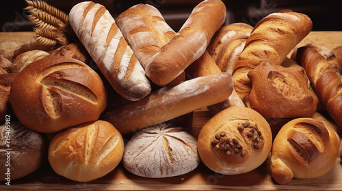 Different types of bread in the bakery. Various bakery products. Handmade Bakery Delights.