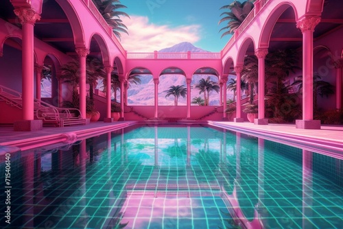 Opulent swimming pool at a resort with a surreal vaporwave ambiance. Generative AI