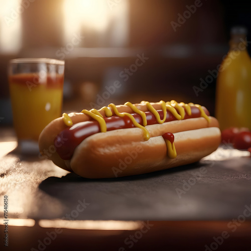 Hot dog with mustard and ketchup on a wooden table in a counterlight photo