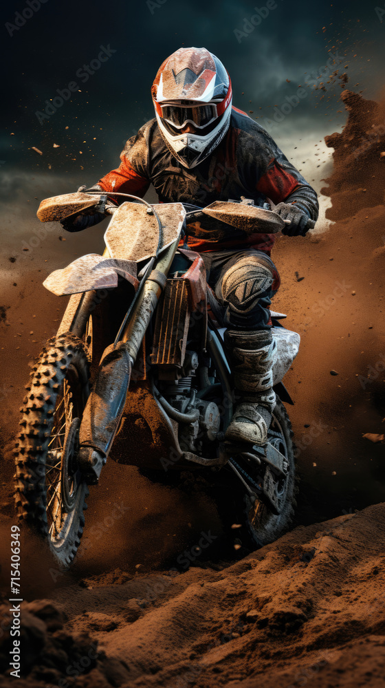 Motorcyclist on a motocross motorcycle in dust and dirt Motorcyclist on a motocross motorcycle in dust and dirt
