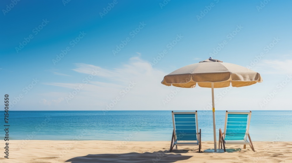 Chairs And Umbrella In Tropical Beach. Seascape Banner