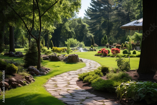 Stone path on the lawn in landscape design