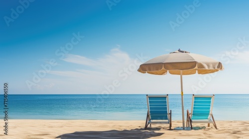 Chairs And Umbrella In Tropical Beach. Seascape Banner