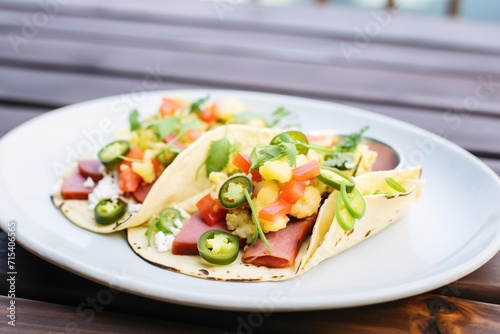 grilled breakfast tacos with ham, eggs, and green onions