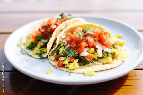 handmade tortilla tacos with scrambled eggs and salsa verde