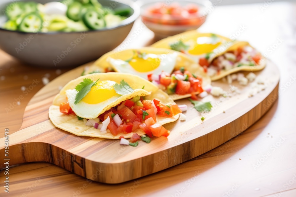 tacos with sunny-side up eggs and salsa on a wooden board