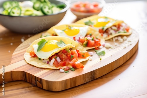 tacos with sunny-side up eggs and salsa on a wooden board