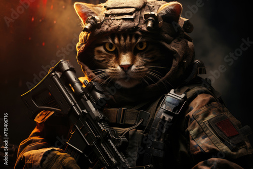 Military cat soldier in the army with a weapon