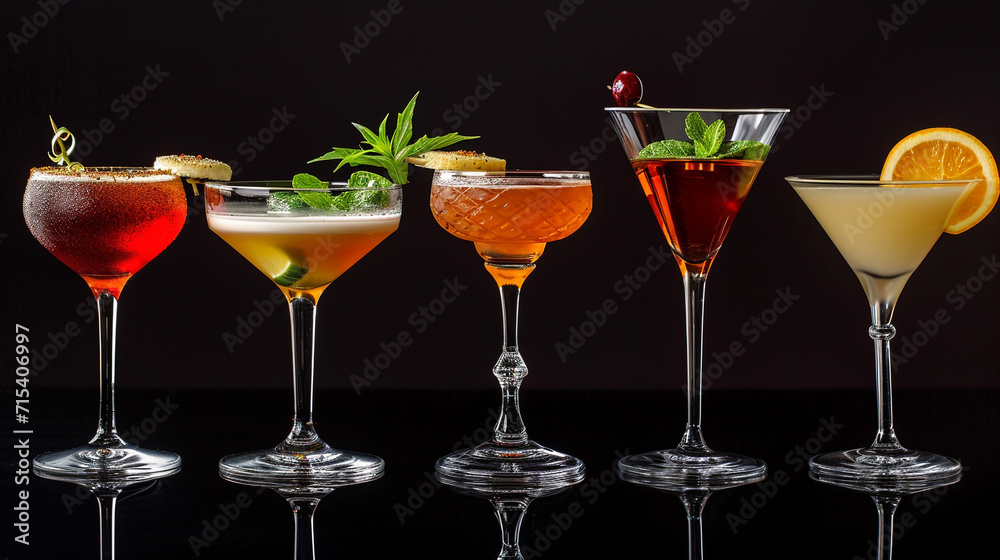 Cocktails in a studio setting are a mixture of aesthetic appeal and taste, with vibrant colors of the drink. The decor is minimalistic, elegant background, and alcoholic drinks. Professionalism.