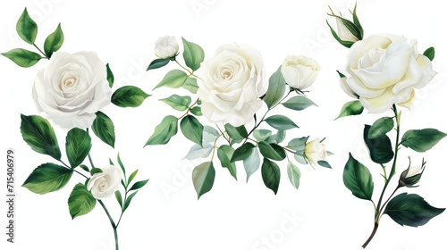 Fotografering Set of watercolor on floral white rose branches