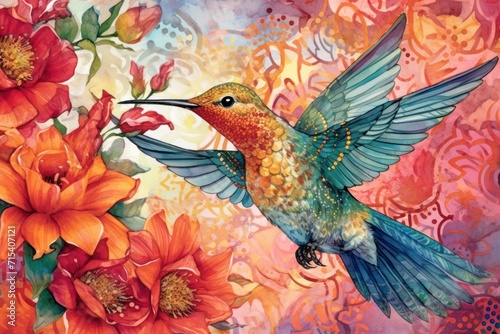  a painting of a hummingbird in flight with red flowers in the foreground and a blue sky in the background. © Nadia