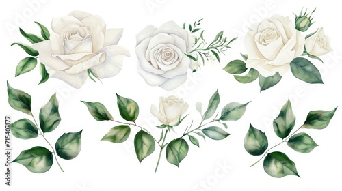 Set of watercolor on floral white rose branches. Wedding concept a white background © Media Srock