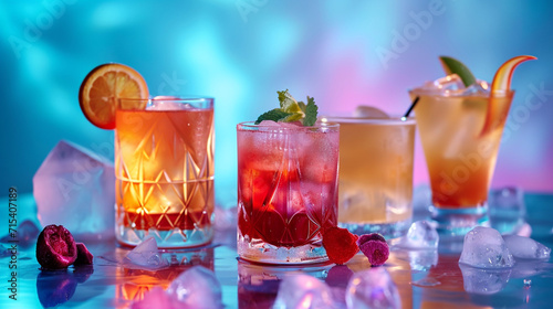 Cocktails in a studio setting are a mixture of aesthetic appeal and taste  with vibrant colors of the drink. The decor is minimalistic  elegant background  and alcoholic drinks. Professionalism.