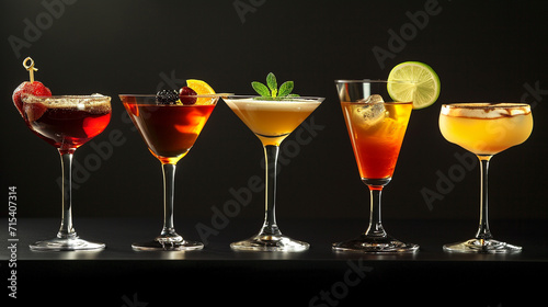 Cocktails in a studio setting are a mixture of aesthetic appeal and taste, with vibrant colors of the drink. The decor is minimalistic, elegant background, and alcoholic drinks. Professionalism.