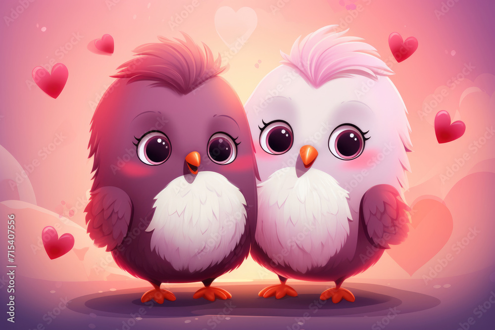 Obraz premium Chicken fall in love couple in hearts Valentine's Day postcard
