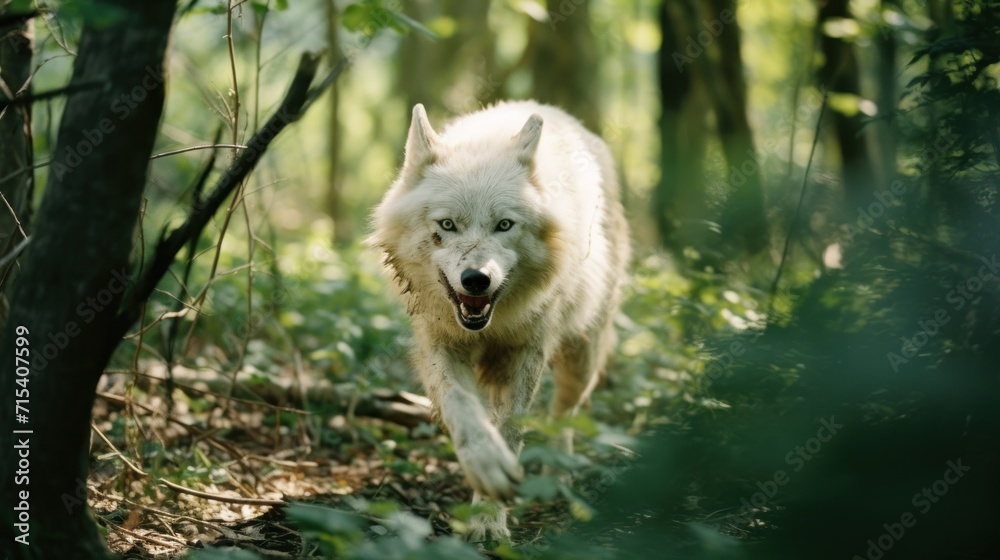 a white wolf walking through a forest with its mouth open and mouth wide open, with trees in the background. a white wolf walking through a forest with its mouth open and mouth wide open, with trees in the background.