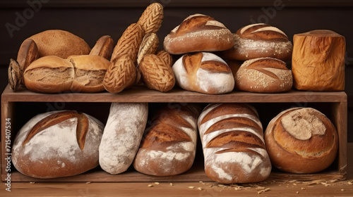 Different types of bread in the bakery. Various bakery products. Handmade Bakery Delights.