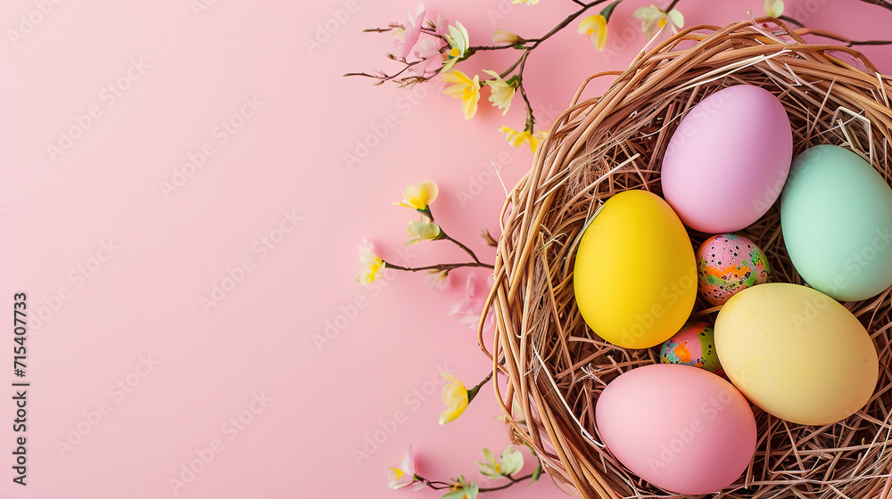 colorful Easter eggs in the basket, on a light pink background with empty copy space colorful Easter eggs in the basket, on a light pink background with empty copy space