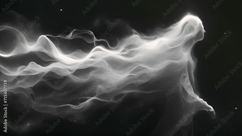 Spirit ghost on black background. Scary man silhouette in monochrome. Gloomy 2d animation. Dark maniac character in fog. Horror fantasy movie. Halloween ghost video clip. Spooky visions of hell. Black