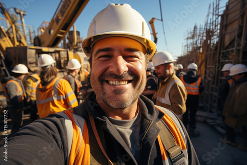 Selfie of builders, engineer at construction site in safety helmet