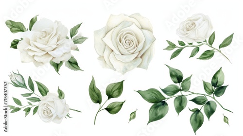 Fototapeta Naklejka Na Ścianę i Meble -  Set of watercolor on floral white rose branches. Wedding concept a white background