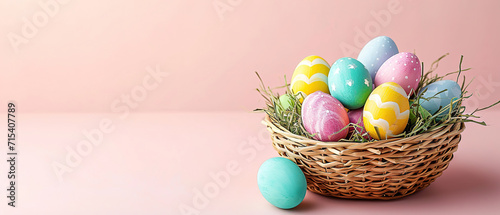 colorful Easter eggs in the basket, on a light pink background with empty copy space