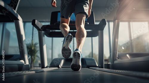 Focus on feet of runner, athlete exercising, running on treadmill in fitness Exercise for health in the fitness center
