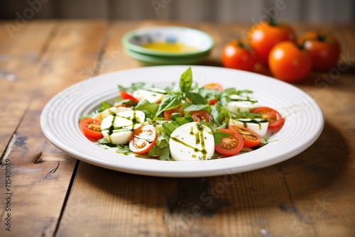 classic caprese salad on a ceramic plate with rustic background