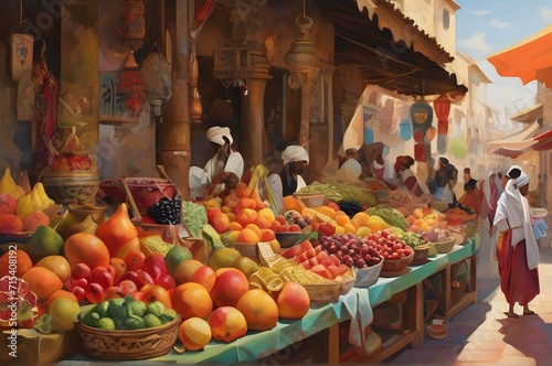 painting of a fruits and vegetable stalls at middle eastern street market 