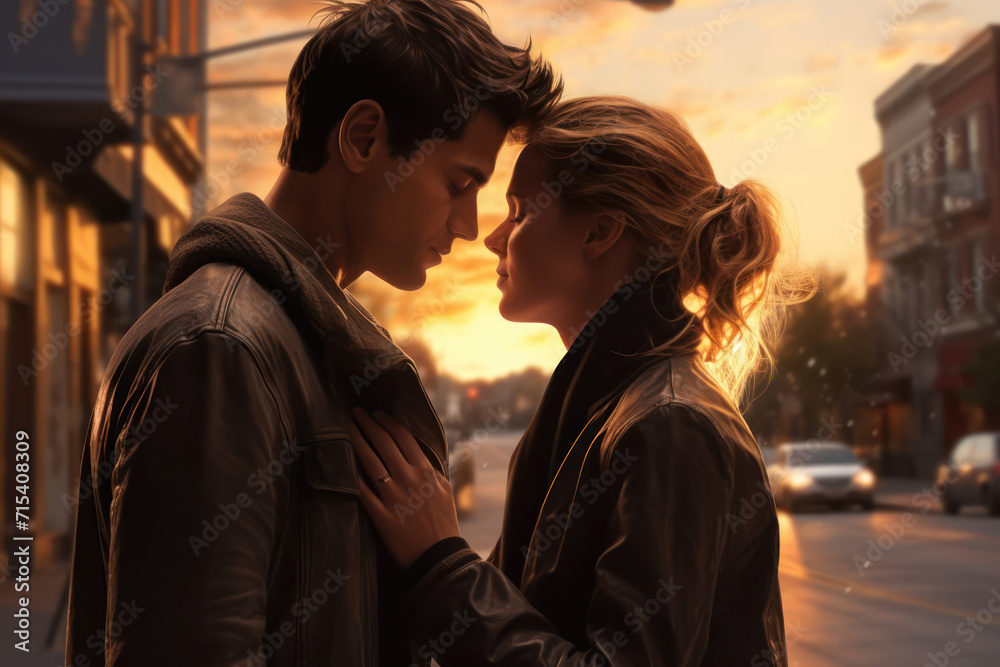 Portrait of young romantic beautiful couple kissing in street at sunset. Valentines day