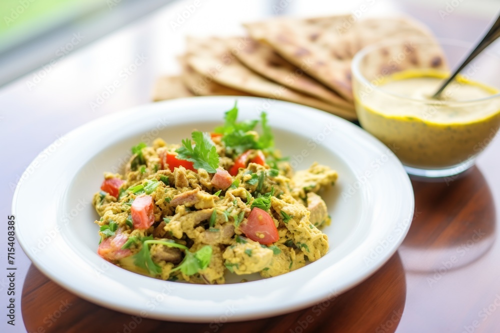 curried cashew dressing over lentil salad, naan bread piece
