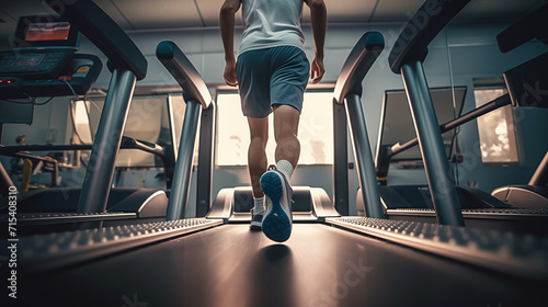 Focus on feet of runner, athlete exercising, running on treadmill in fitness Exercise for health in the fitness center