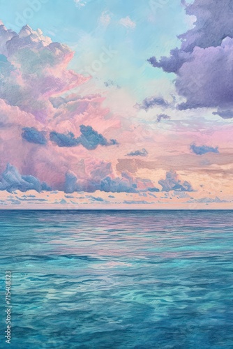Serene pastel drawing or illustration of a dusk landscape with calm turquoise ocean and textured pink sky