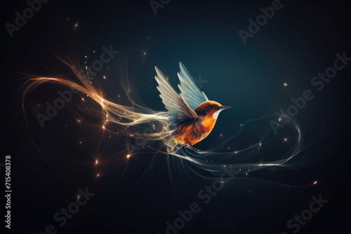  a bird is flying in the air with its wings spread out and lights shining on it's back side.