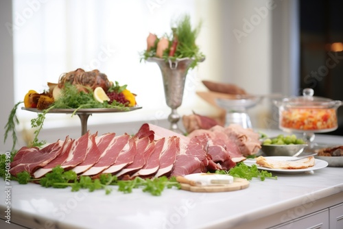 catering table with assorted cold cut meats