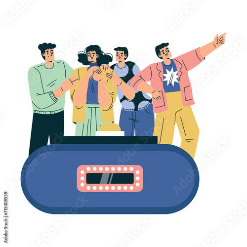 Quiz Game with Young Man and Woman Participant at Button Stand Vector Illustration