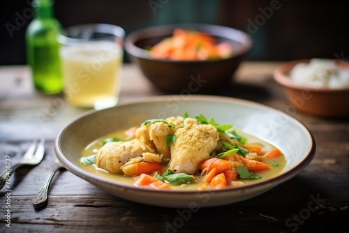 rustic serving of chicken and dumplings with carrots visible