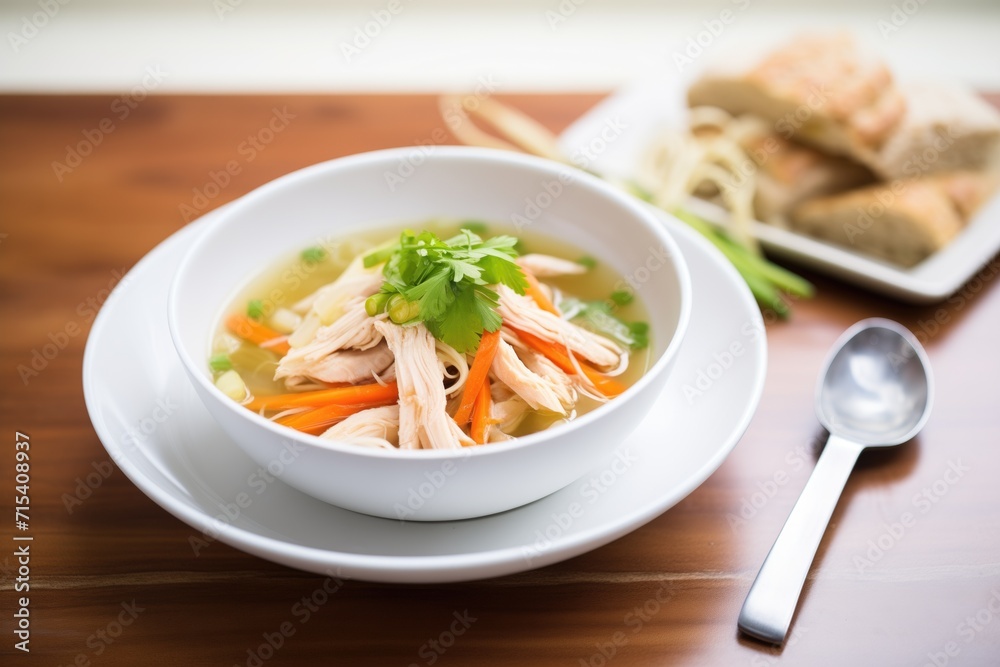 steaming chicken noodle soup in white bowl, side bread steaming chicken noodle soup in white bowl, side bread