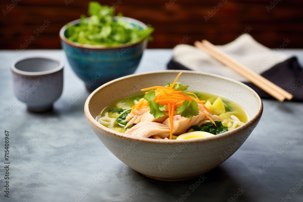 bowl of chicken noodle soup with a miso twist on slate bowl of chicken noodle soup with a miso twist on slate