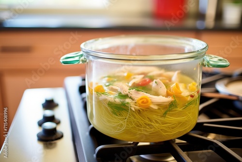 chicken noodle soup in a clear glass pot, stovetop visible