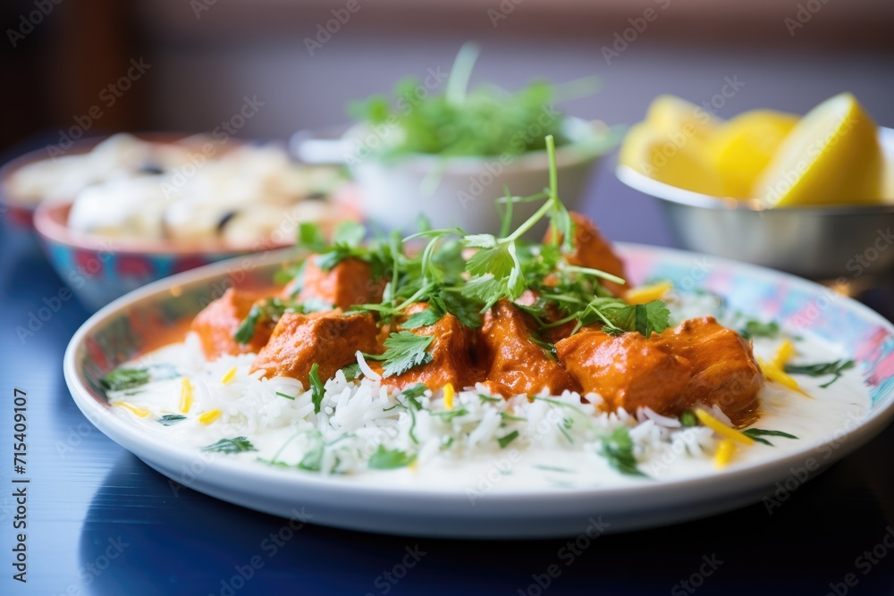 close-up of creamy chicken tikka with rice on a plate