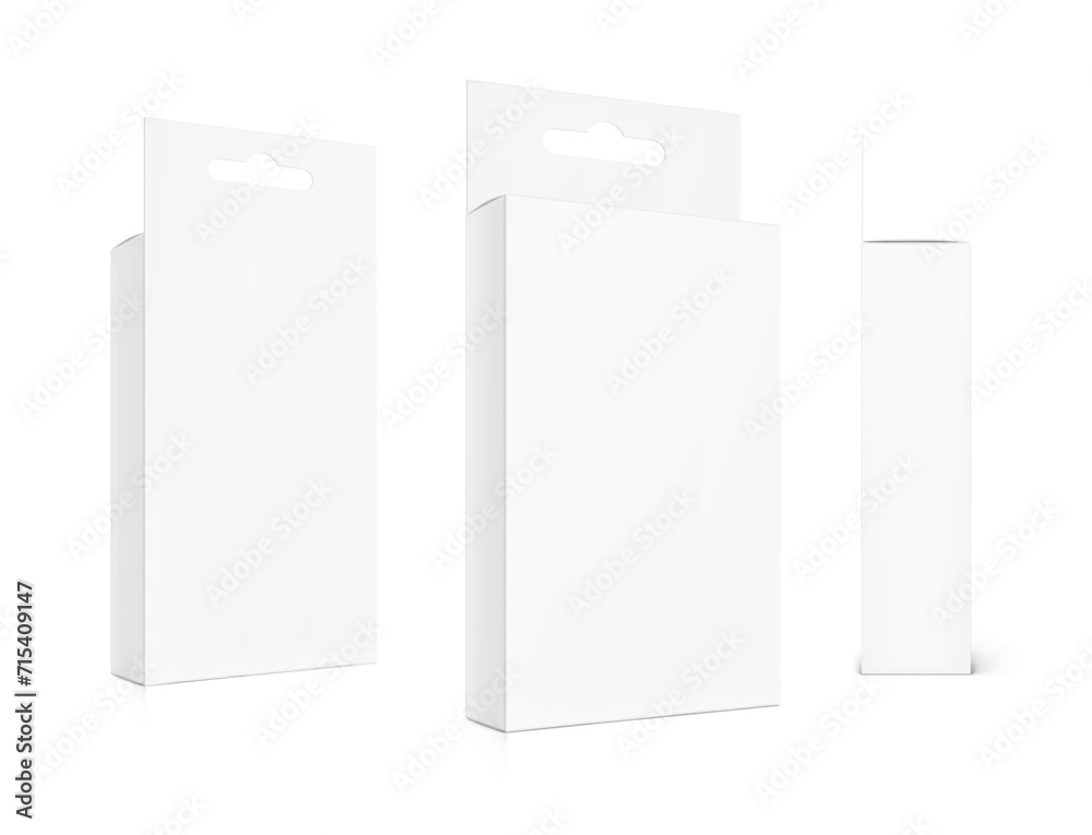 White package box with hang slot mockup for electronic and mobile accessories. Three side views. Vector illustration isolated on white background. Ready and simple to use for your design. EPS10.