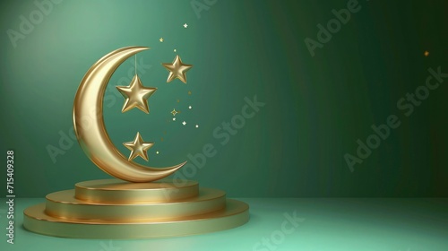 ramadan kareem sale banner background, solid green background with 3d render moon and star, ramadan sales podium backgroud