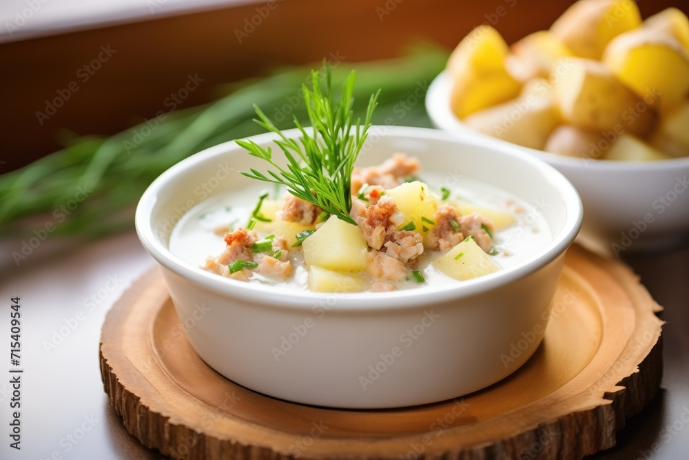 chunky clam chowder with diced potatoes on top