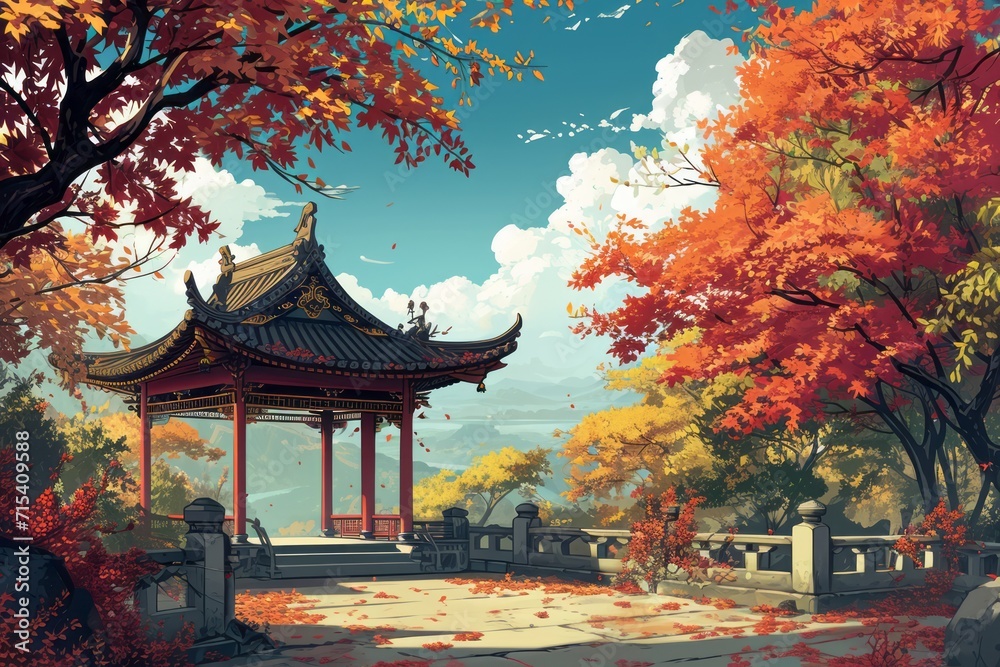 anime style autumn japanese temple chinese temple ancient landscape fall maple culture