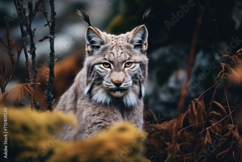  a close up of a lynx in a field of grass with trees in the background and bushes in the foreground.