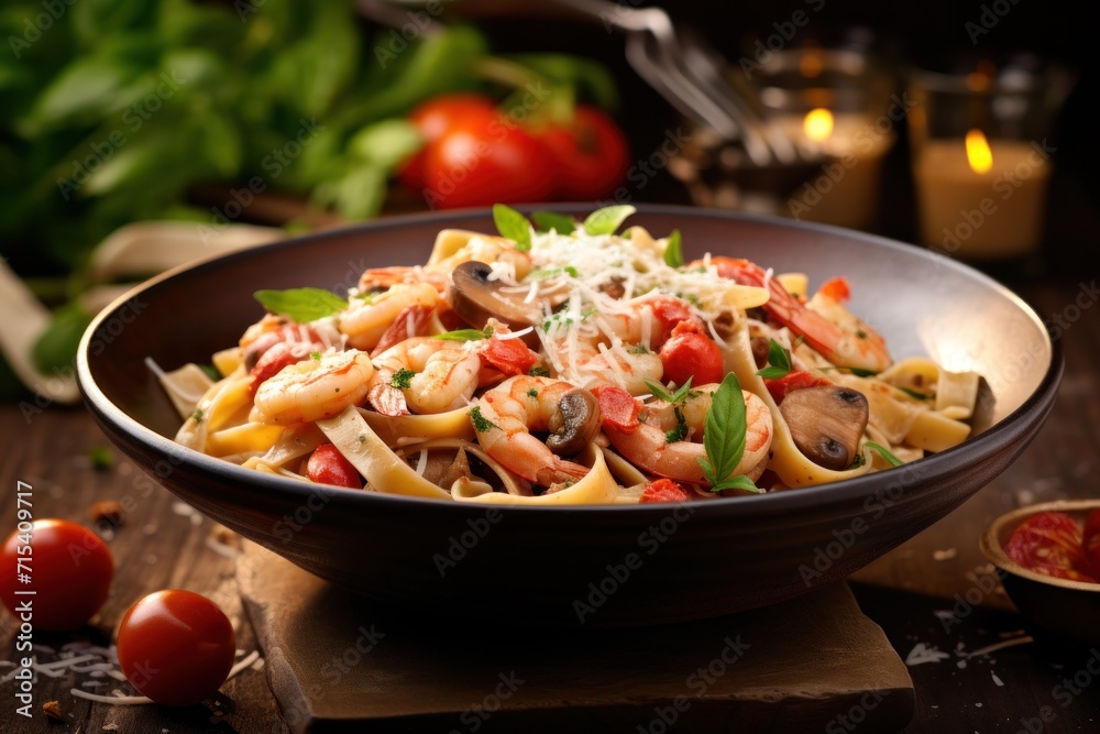 a bowl of pasta with mushrooms, tomatoes, and parmesan cheese on a wooden table next to a candle. a bowl of pasta with mushrooms, tomatoes, and parmesan cheese on a wooden table next to a candle.
