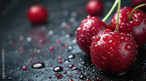 fresh red cherry fruit background with water drops on red cherry.