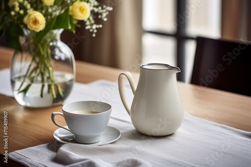  a pitcher and a cup on a table with a vase of yellow roses in a vase on the side of the table.